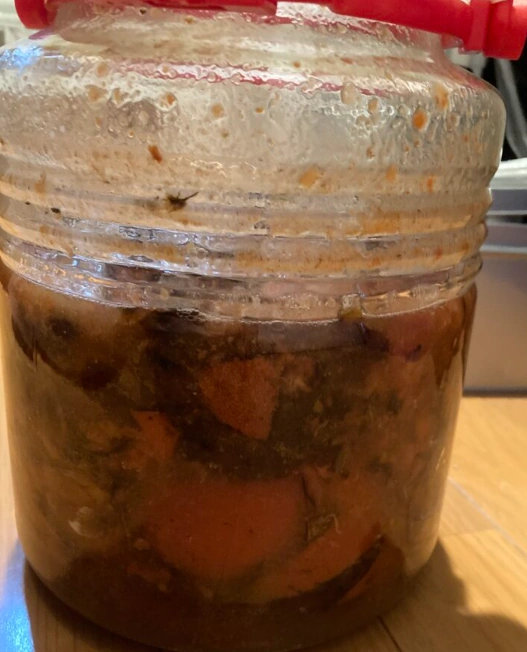 発酵途中で柿が分解され液体になり始めた柿酢の状態