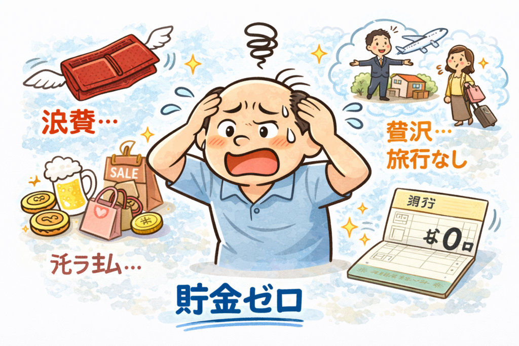浪費や衝動買いで貯金ができず、頭を抱えて困っているゆるおじと「貯金ゼロ」を表現したイラスト。小金持ちになれない人の特徴を表した図。