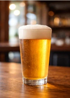 木製カウンターに置かれた泡たっぷりの黄金色の生ビール