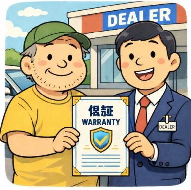 ディーラーで保証付き中古車を契約する購入者と販売スタッフのイラスト