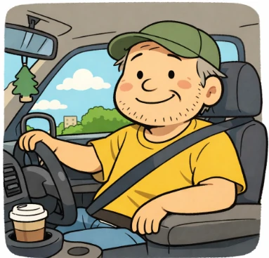 中古車に乗ってドライブを楽しむ男性ドライバーのイラスト