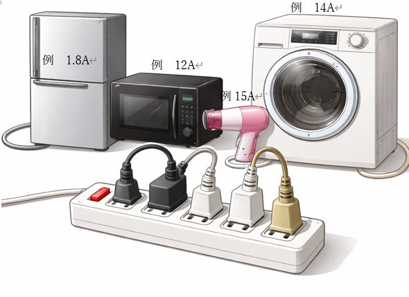 冷蔵庫・電子レンジ・ドライヤー・衣類乾燥機を電源タップにつないだ、たこ足配線と電流の例を示すイメージ図。
