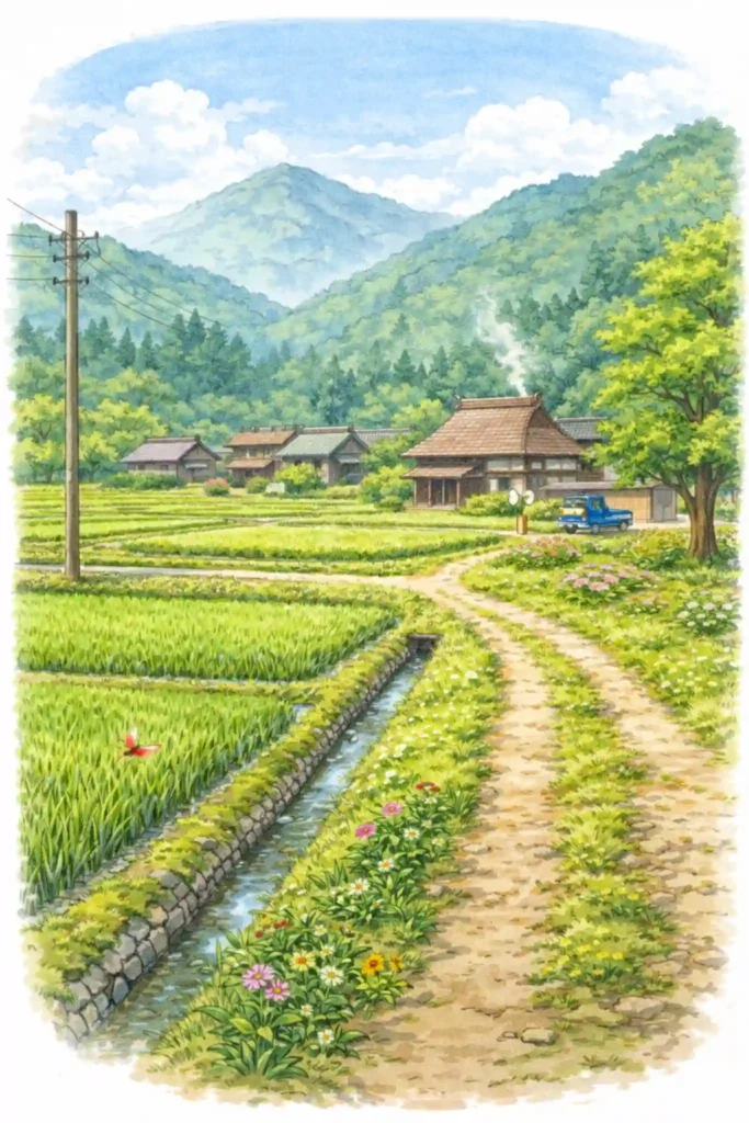 日本の田舎暮らしをイメージした田んぼと古民家のある農村風景イラスト