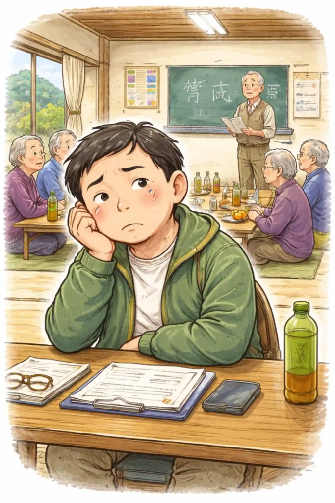 田舎暮らしの自治会や地域集会に疲れて悩む男性のイラスト（地方移住・地域コミュニティの悩み）