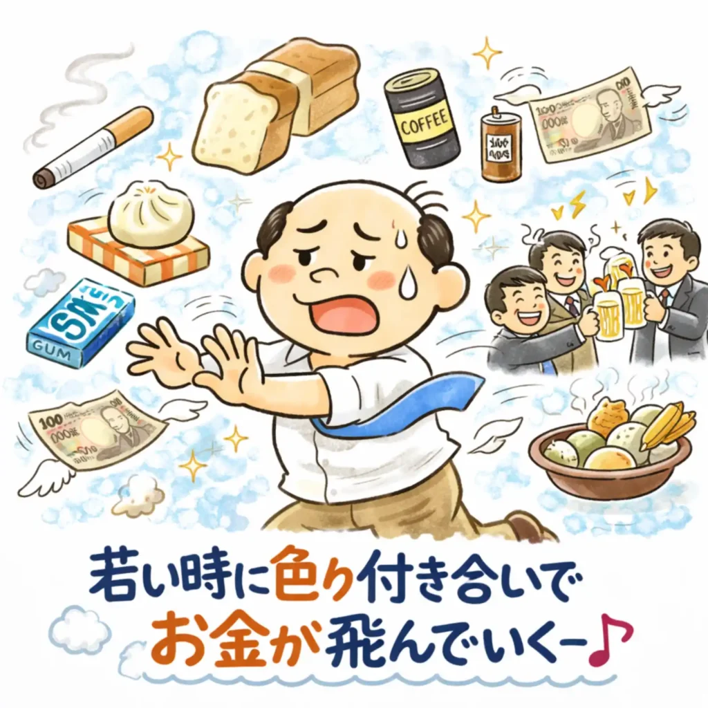 交際費や無駄遣いでお金が減っていく様子を表した家計管理イラスト