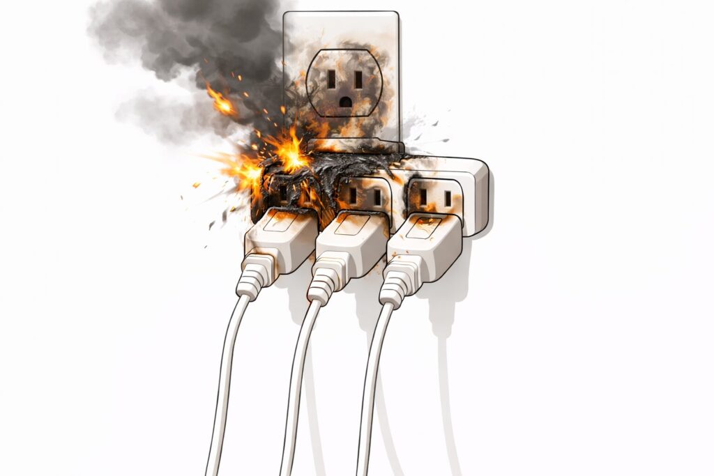 たこ足配線で電流が15Aを超え、コンセントが焼損して火花と煙が出ているイメージ図。