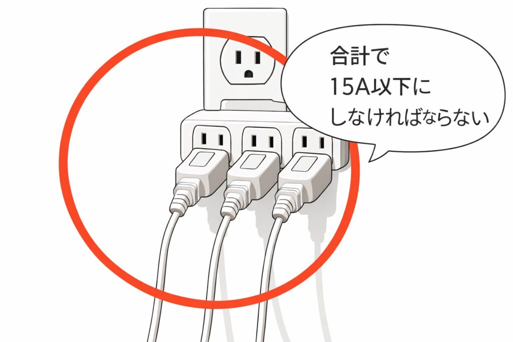 分岐コンセントを使って1つのコンセントから3つのプラグを接続し、合計15A以下にする必要があることを示すイメージ図。