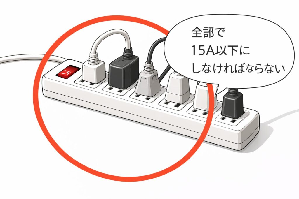 電源タップに複数の家電を接続したたこ足配線の例。合計で15A以下にしなければならないことを示す図。