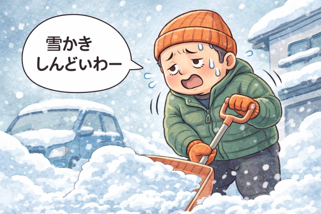 雪の中でスノープッシャーを使って雪かきをしながら「雪かきしんどいわー」と疲れているゆるおじのイラスト