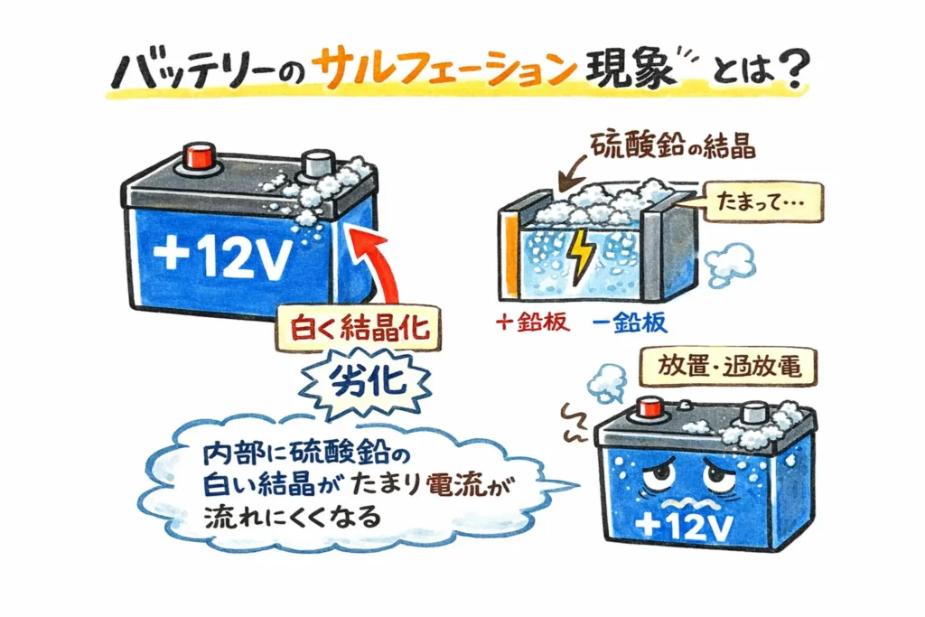 バッテリーのサルフェーション現象を説明するイラスト。硫酸鉛の白い結晶が内部にたまり、劣化して電流が流れにくくなる様子を図解