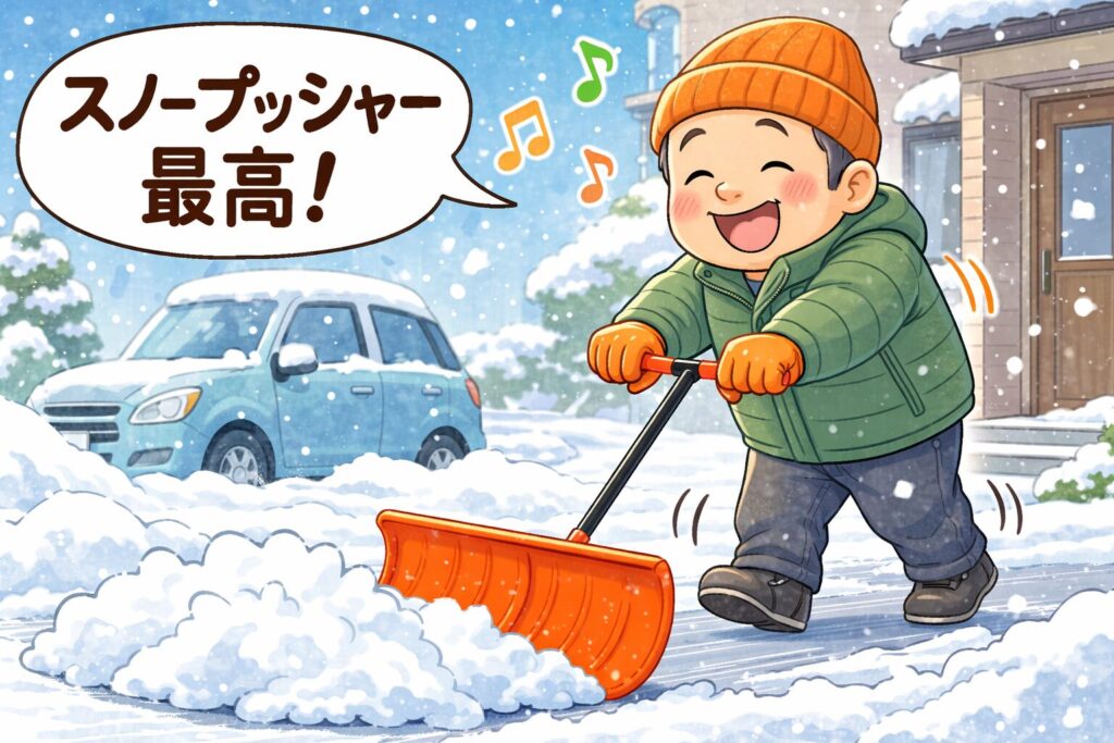 スノープッシャーで雪を押しながら「スノープッシャー最高！」とルンルンで雪かきをするゆるおじのイラスト