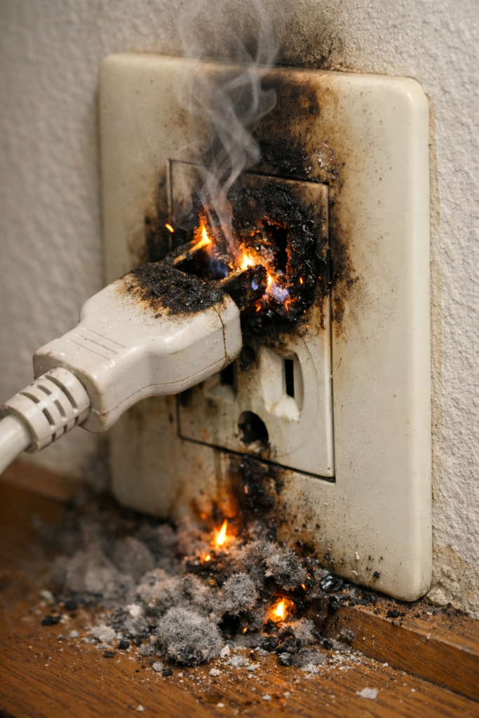 トラッキングでコンセントから火が出るイラスト