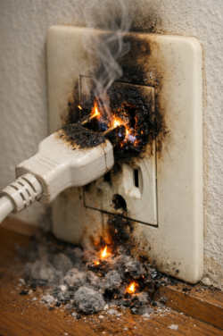 コンセントのトラッキング現象による発火の様子