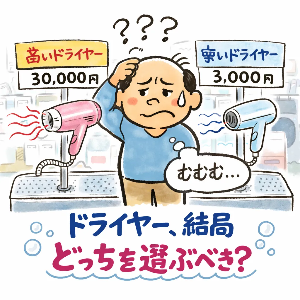 高級ドライヤーと安いドライヤーの違いで悩む男性|ドライヤー選び比較イメージ