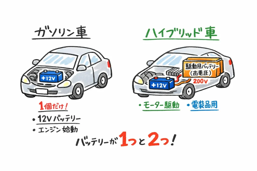 ガソリン車は12Vバッテリー1個、ハイブリッド車は12Vバッテリーと200V駆動用バッテリーの2種類があることを比較したイラスト