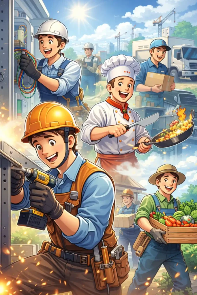 電気工事士・料理人・運送業・農業など現場で働くブルーカラー職種の人々が生き生きと仕事をしているイラスト