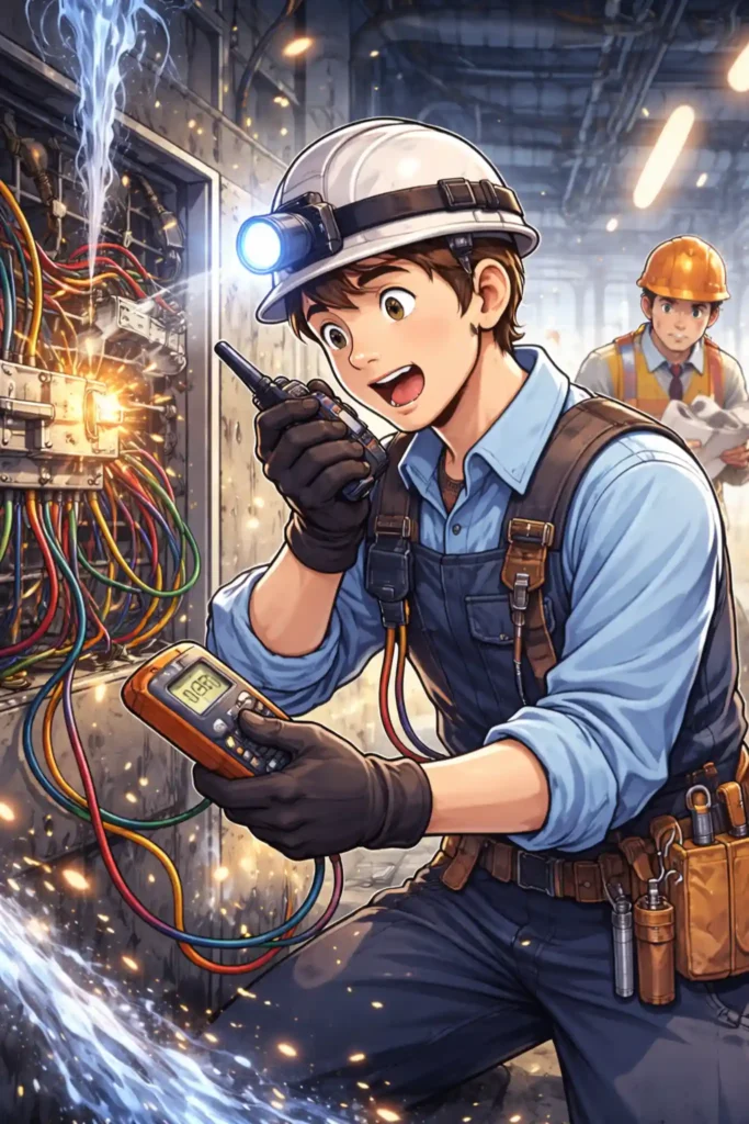 工場設備のトラブルに臨機応変に対応する電気保全・電気工事士の作業風景イラスト