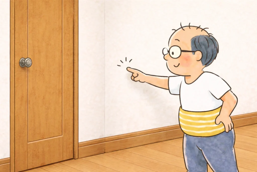 ドアノブに触る前に壁を触って静電気を逃がすゆるおじのイラスト。