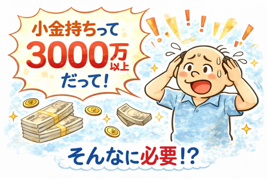 小金持ちの定義で3000万円以上必要と言われ驚くゆるおじのイラスト