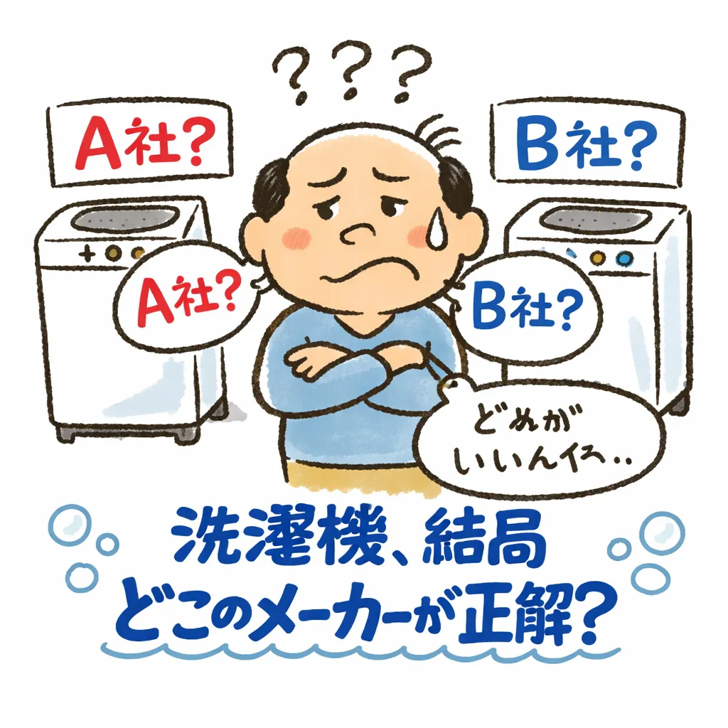 洗濯機はどこのメーカーが良いか悩むイラスト|A社とB社の比較イメージ