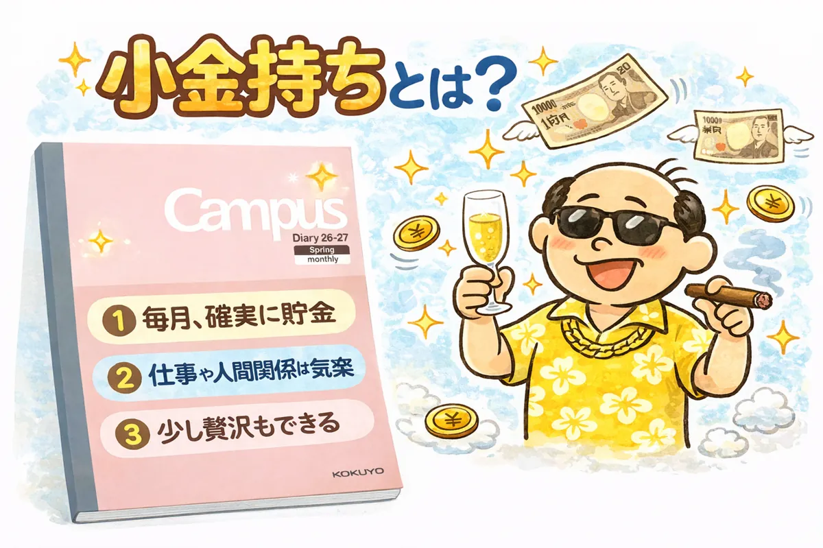 小金持ちの定義を解説するイラスト。毎月の貯金・仕事の安定・適度な贅沢を楽しむ生活を表したゆるおじのイメージ