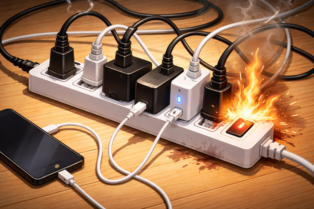 電源タップから火が出ている