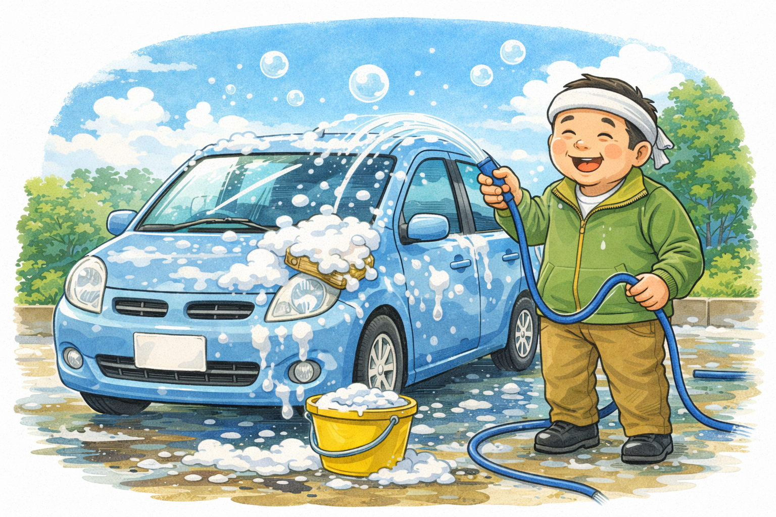 洗車しているおじさんの絵