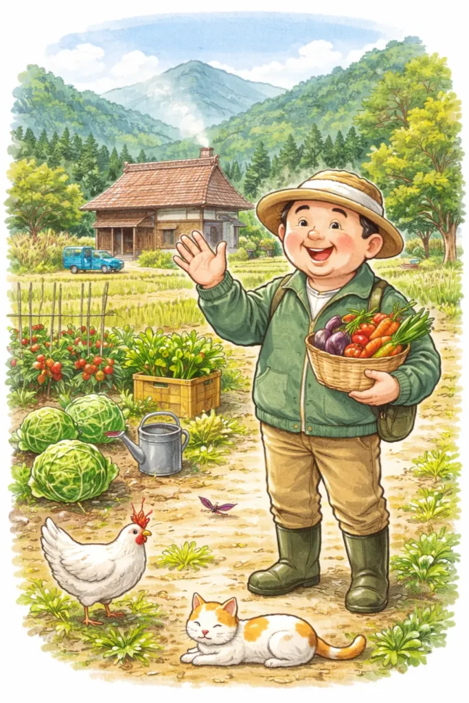 田舎暮らしで家庭菜園を楽しむ男性と古民家のある農村風景イラスト