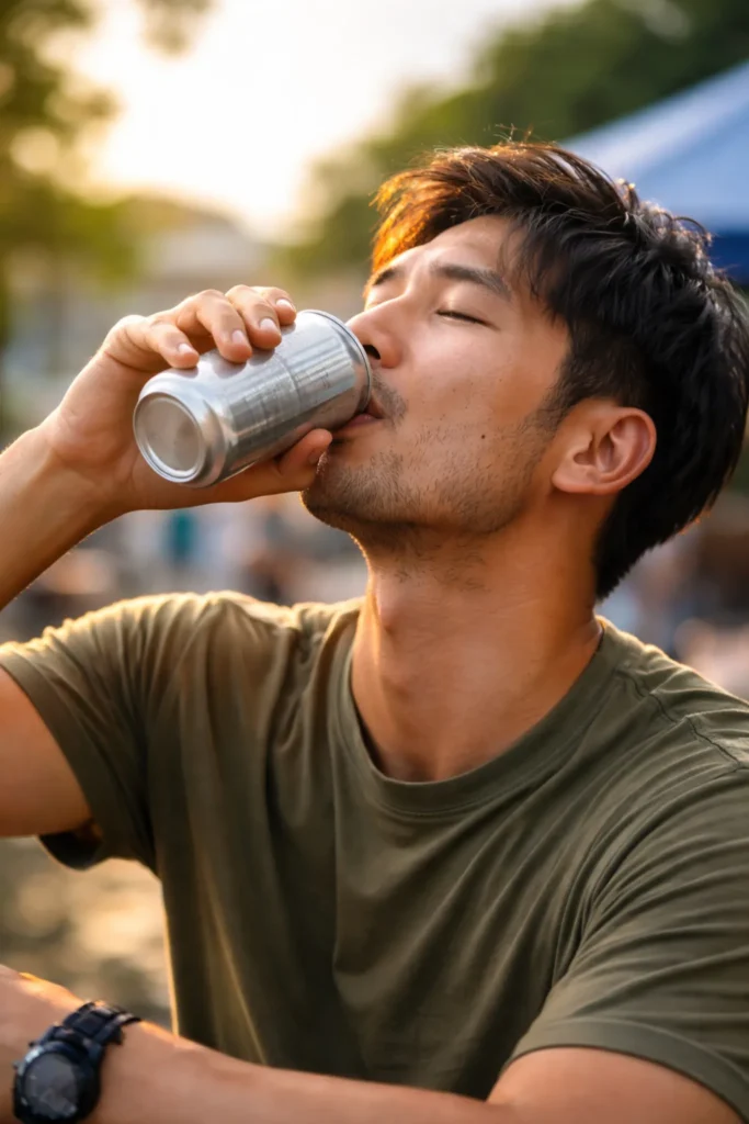 夕方の屋外で缶ドリンクを気持ちよさそうに飲む男性