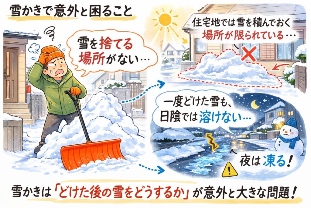 雪かきで困ることを説明するイラスト。雪を捨てる場所がない問題、住宅地で雪を積む場所が限られる様子、日陰では雪が溶けず夜に凍る様子をゆるおじのイラストで解説している図。