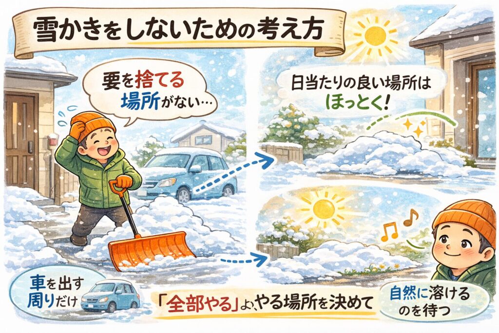 雪かきを減らす考え方を説明するイラスト。車の周りなど必要な場所だけ雪かきをして、日当たりの良い場所の雪は自然に溶けるのを待つ方法をゆるおじのイラストで解説している図。