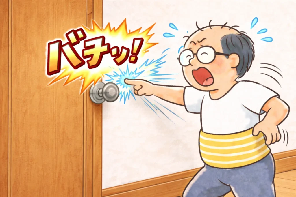 ドアノブに触れた瞬間に静電気で「バチッ」となるゆるおじのイラスト。