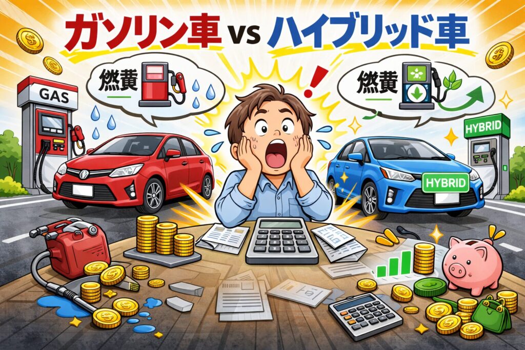 ガソリン車とハイブリッド車の燃費差に驚くゆるおじの比較イラスト(燃費16.6km/Lと26.4km/L)