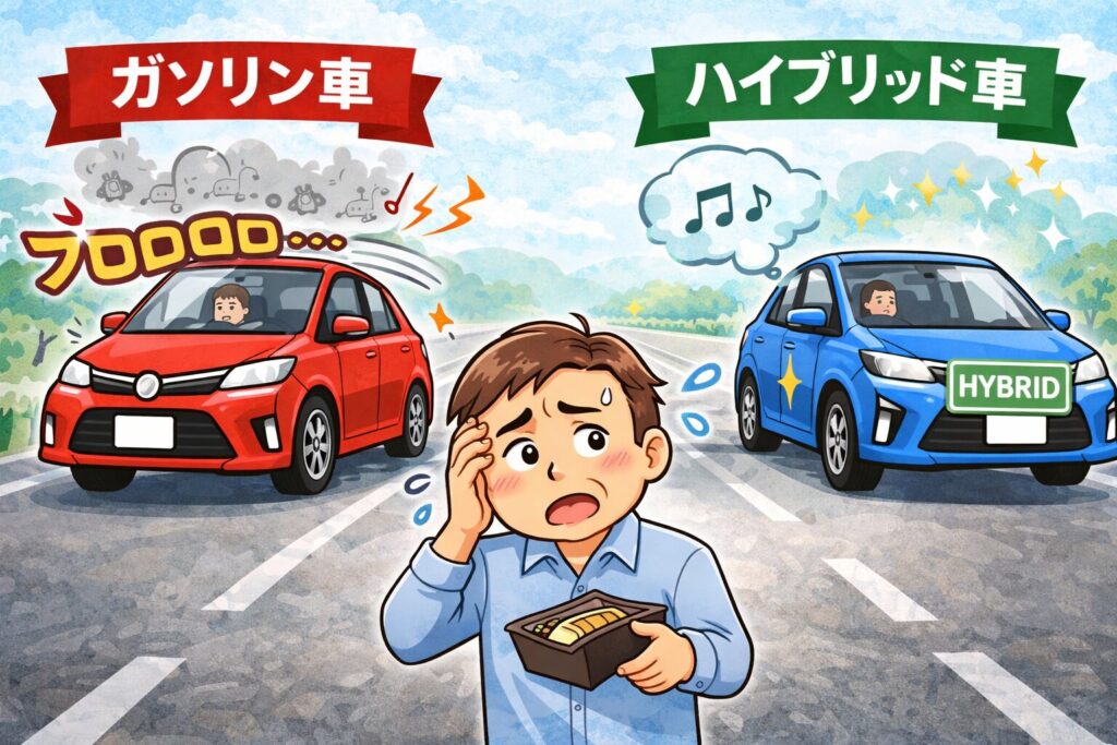 ガソリン車のエンジン音とハイブリッド車の静かな走行音の違いに戸惑うゆるおじのイラスト