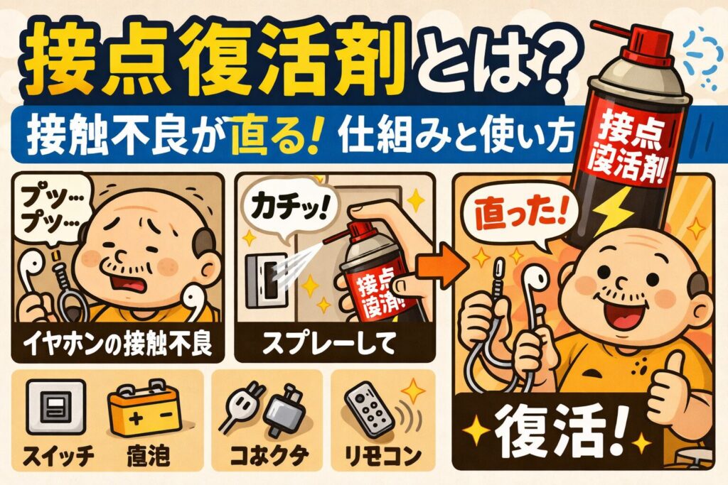 接点復活剤の効果と使い方を説明するイラスト。スプレーして接触不良が改善し、イヤホン・スイッチ・電池・リモコンなどの接点が復活する様子をゆるおじのイラストで解説している図。