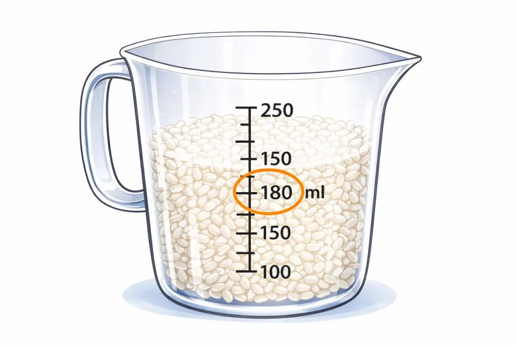 1合180mlの目盛りでお米を計量する方法がわかる計量カップのイラスト