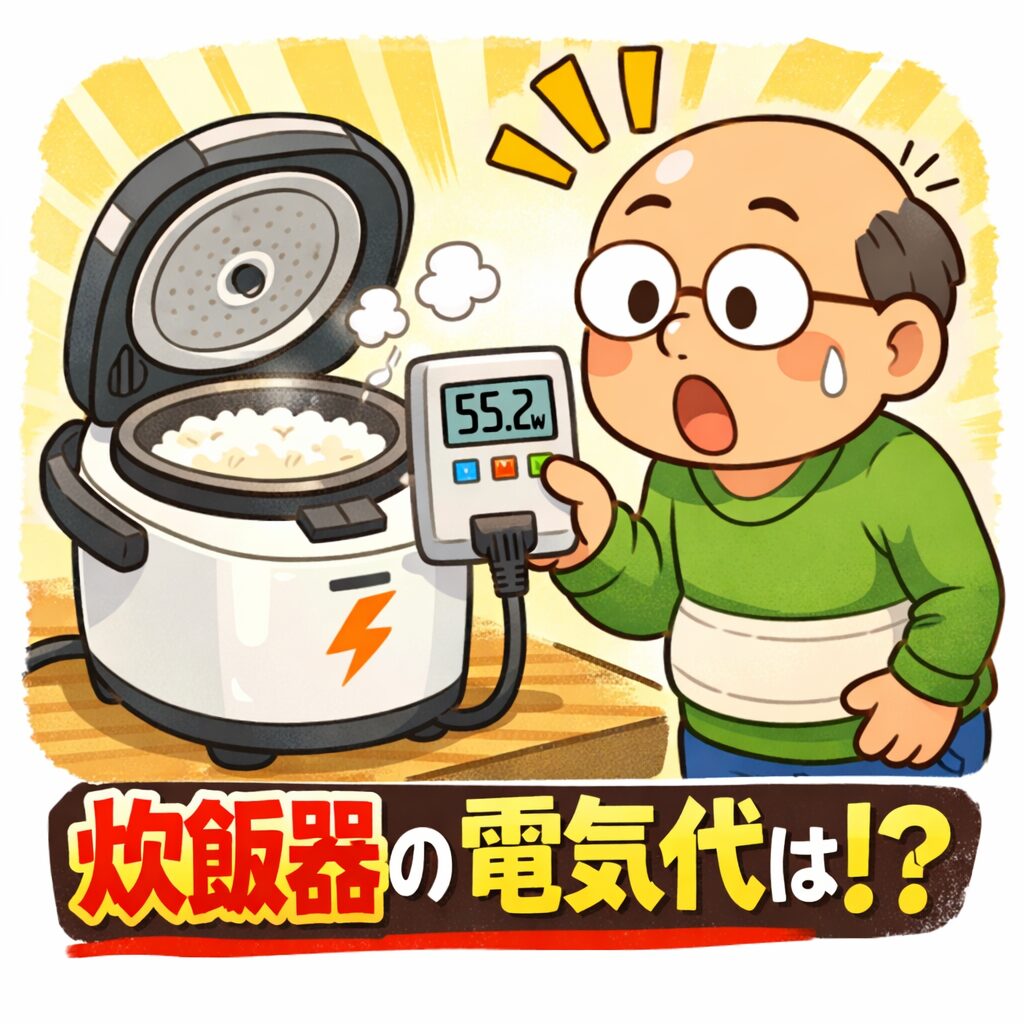 炊飯器の電気代をエコチェッカーで測定するゆるおじのイラスト