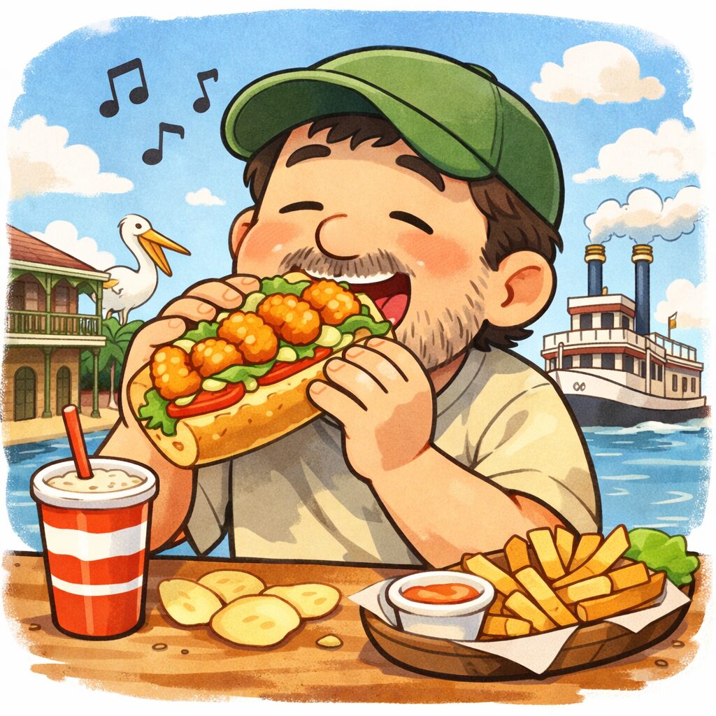 エビのポーボーイサンドを持って喜ぶゆるおじのイラスト