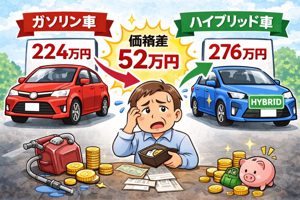 ガソリン車224万円とハイブリッド車276万円の価格差52万円に悩むゆるおじの比較イラスト
