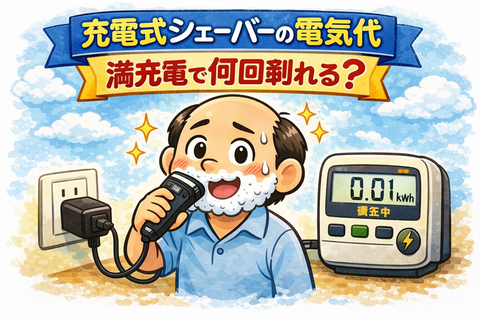電気シェーバーの充電電気代を測定する様子とワットチェッカー
