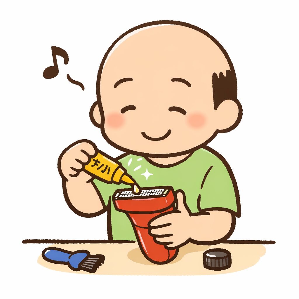 電気シェーバに潤滑油を塗って、剃る回数を増やそうとしている絵