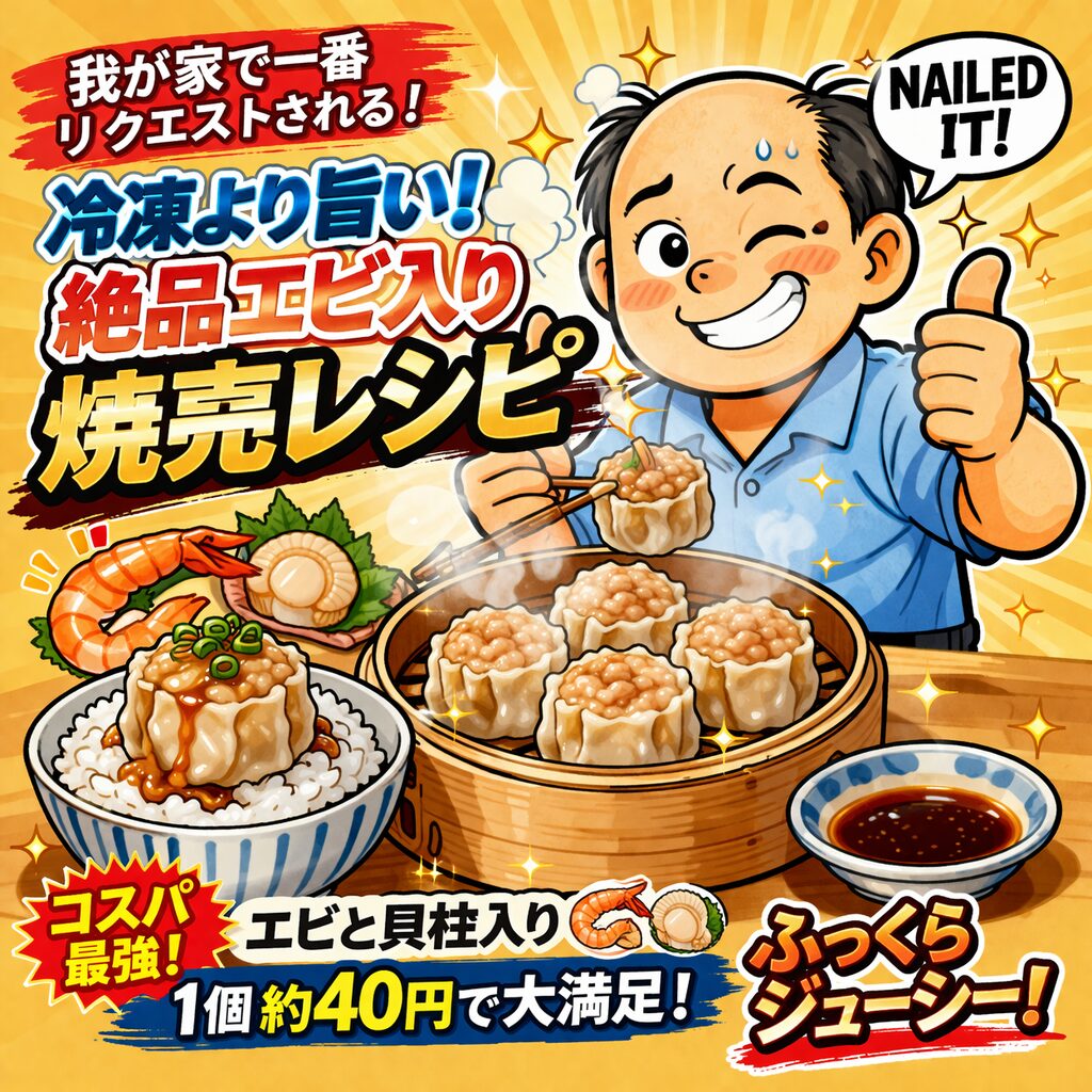 エビと貝柱入りの手作り焼売を美味しそうに食べるゆるおじのアイキャッチ画像