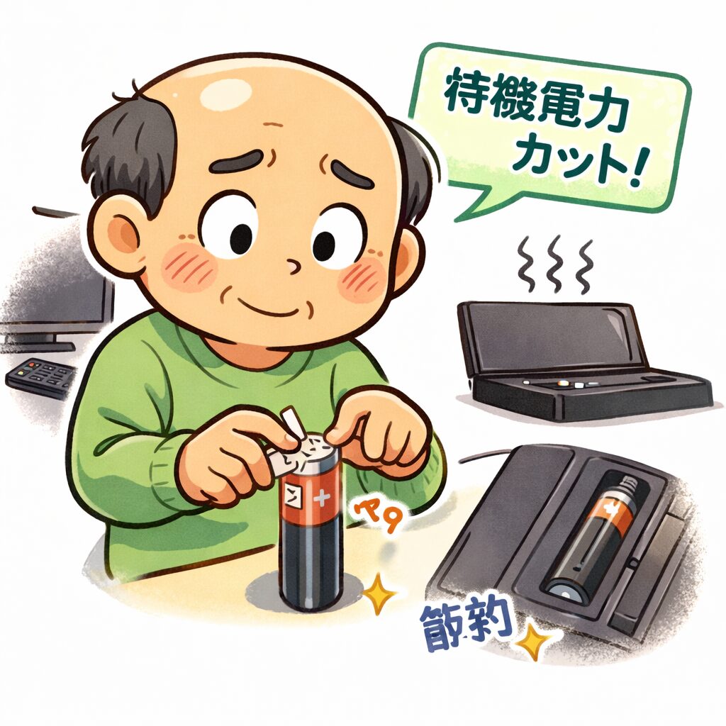 電池のプラス側にテープを貼ってリモコンの待機電力を防ぐゆるおじ