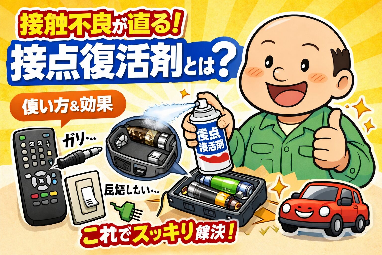 接触不良を改善する接点復活剤の使い方をゆるおじのイラストで解説したアイキャッチ画像
