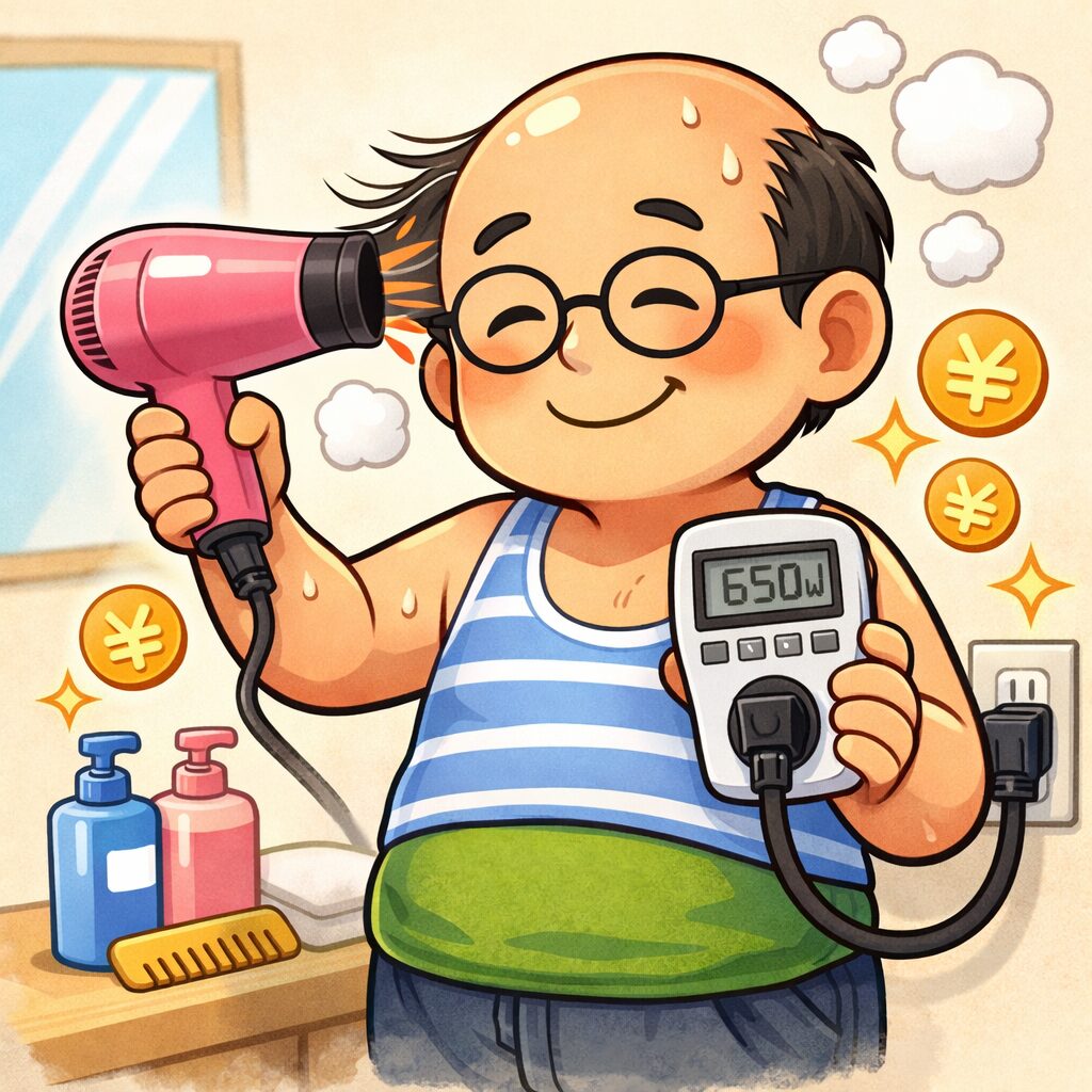 ヘアドライヤーの消費電力と電気代をエコチェッカーで測定するゆるおじ