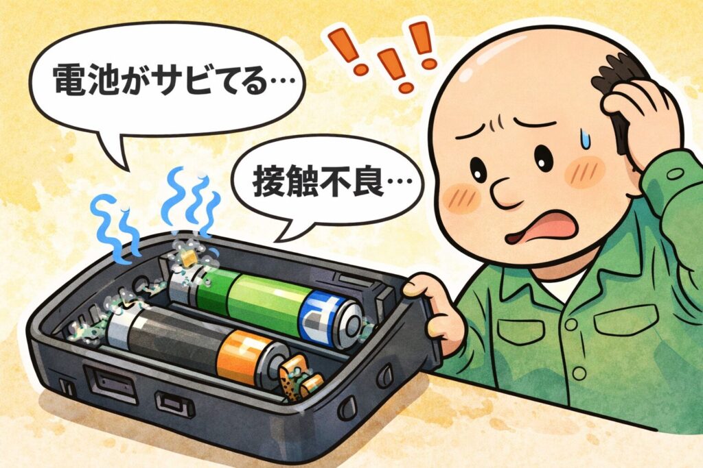 電池ボックスの接点がサビて接触不良になり、困っているゆるおじのイラスト。電池の接点が汚れると電気が流れにくくなる例