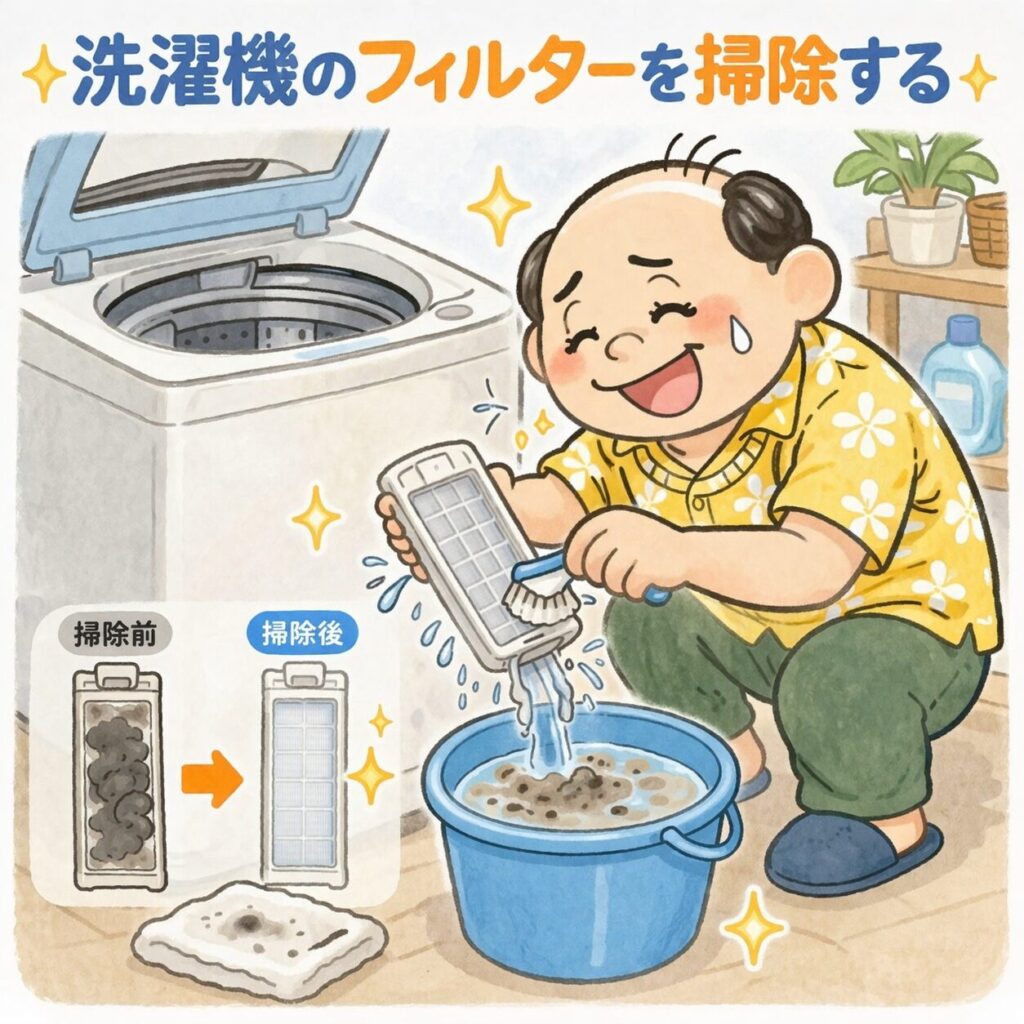 洗濯機の糸くずフィルターを取り外して水洗いし、バケツで汚れを落として掃除するゆるおじのイラスト(掃除前後の比較あり)