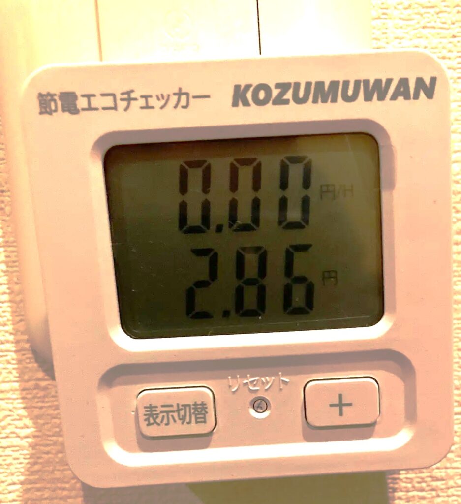 節電エコチェッカーで冷凍庫の電気代を測定した結果。累計2.86円と表示された電力計