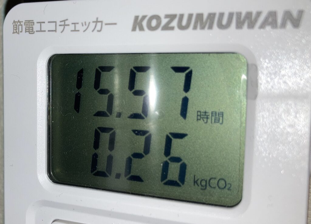 冷蔵庫を弱設定で測定した消費電力量（ワットチェッカー表示）