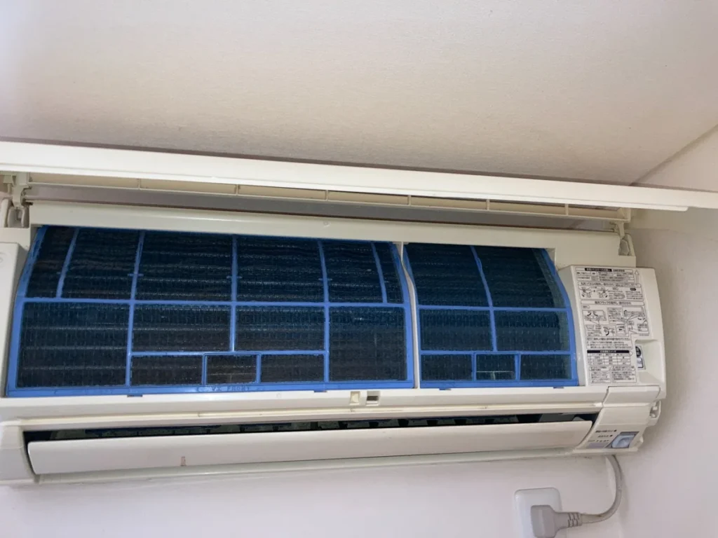 エアコンのフィルターを取り外した状態の室内機内部